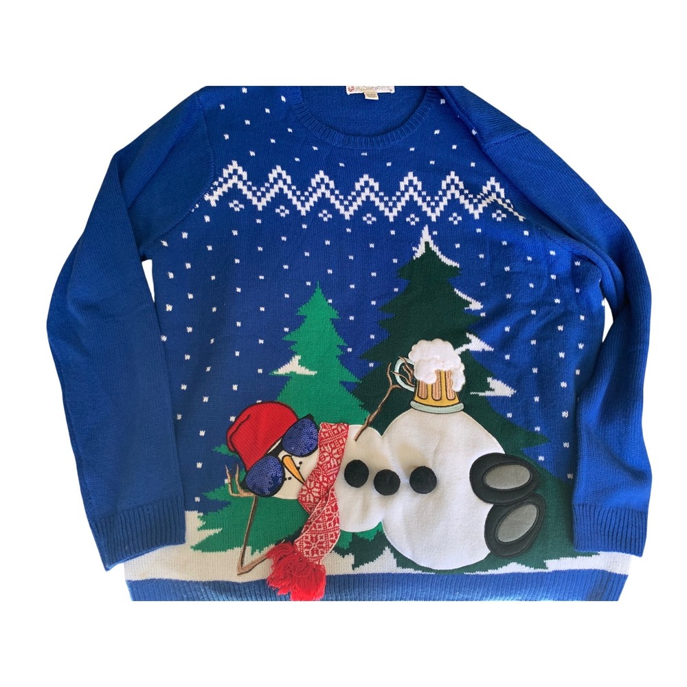Jolly Sweaters XXL Ugly‎ Christmas Sweater Snowman Beer Graphic Blue Holiday